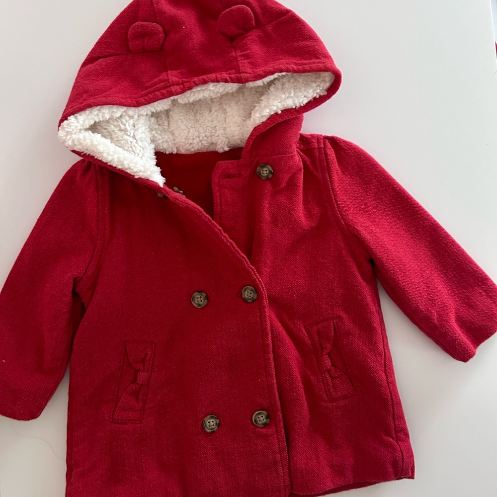 6 month old Carter’s red pea coat with bear ears